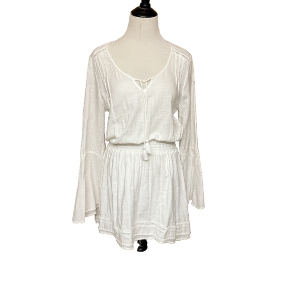The Normal Brand Size S White Bell Sleeve Mini Dress Slub Twill Boho Tassel Trim - Picture 2 of 16